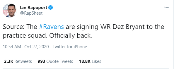 Dez Bryant was signed Tuesday morning to the Baltimore Ravens' practice squad.